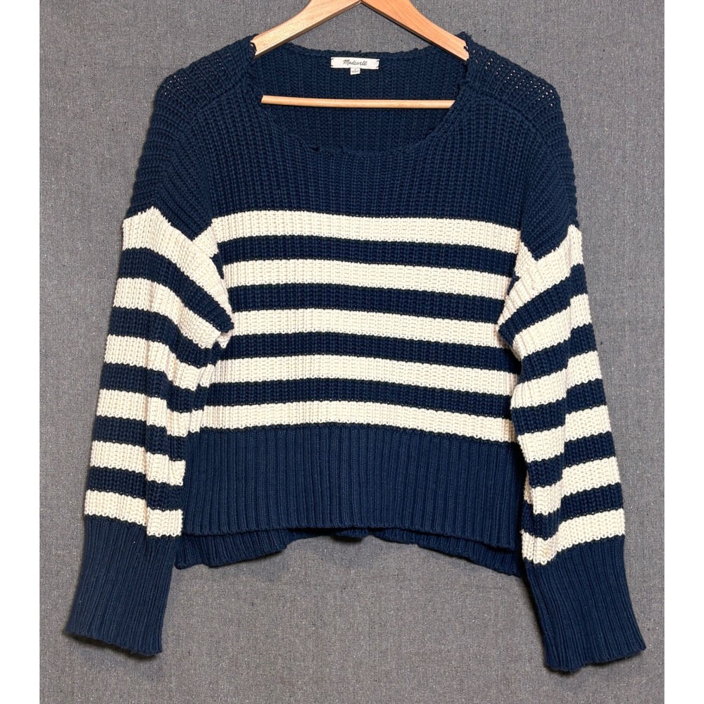 Madewell Navy Blue Ivory Striped Shaker Stitch Sweater N0064 Women Sz S Reworked